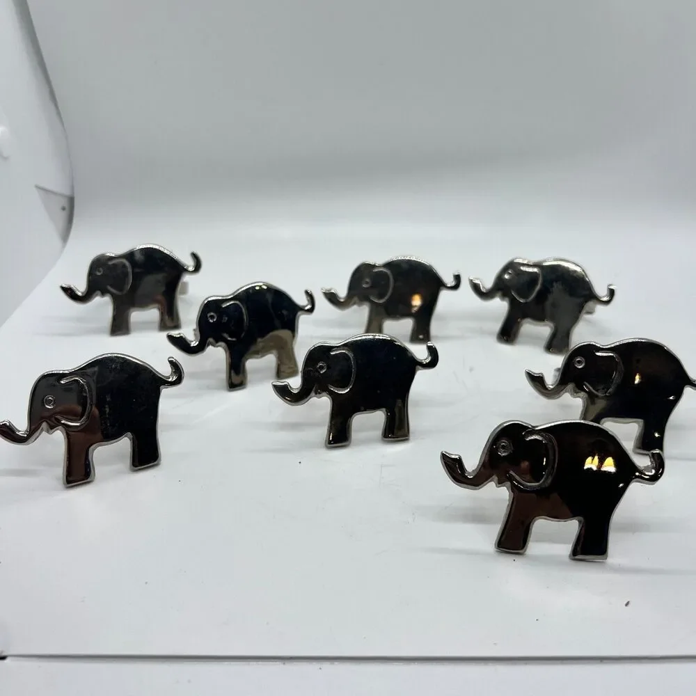 Set of 8 Chrome Silver Elephant Napkin Rings, Trunk Up, Minimalist, Table Decor